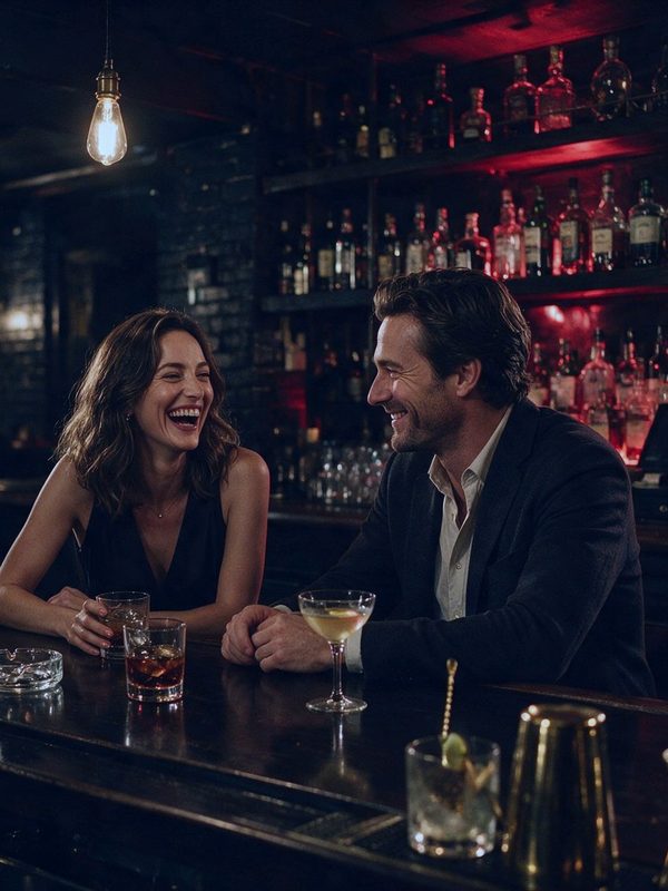 Couple talking and laughing at a bar